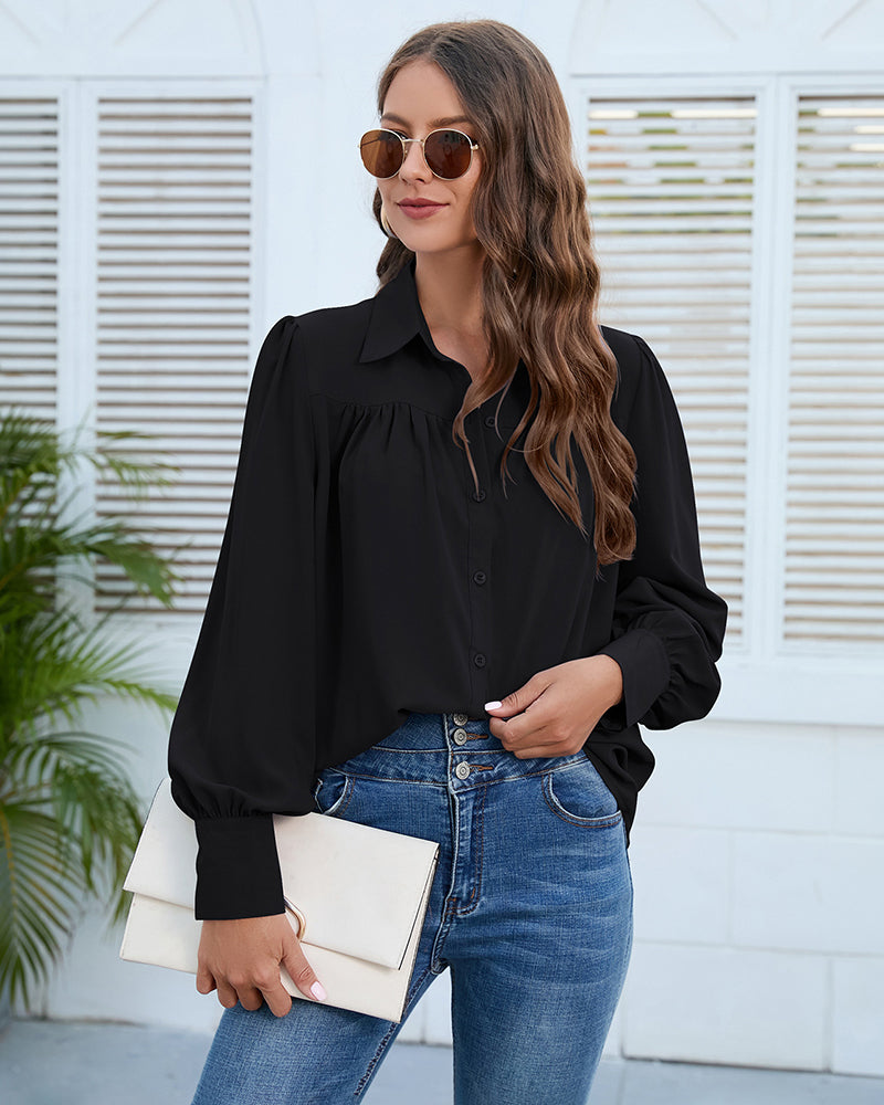 V Neck Button Down Shirts Long Sleeve Collared Blouses Tops