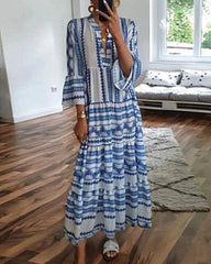 Printed Deep V Neck Long Sleeve Flared Sleeve Maxi Dress
