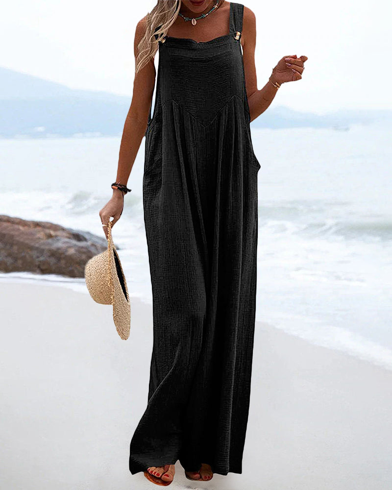 Casual Sleeveless Jumpsuits Summer Solid High Waist Wide Leg Pants Soft Rompers with Pockets