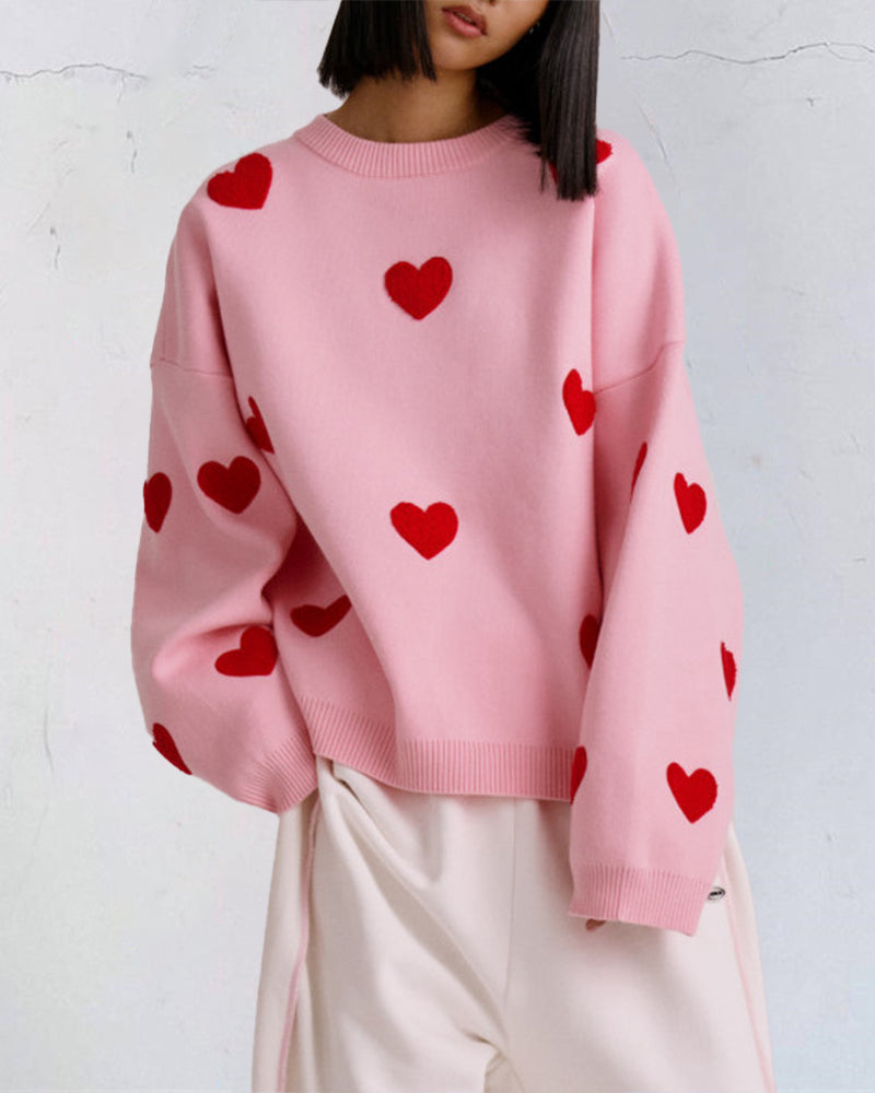 Heart Pattern Embroidered Crew Neck Sweater