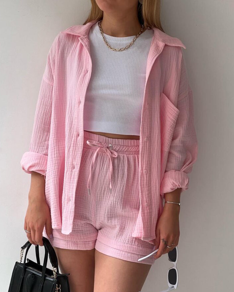 Solid Pocket Patched Drop Shoulder Blouse & Shorts Sets