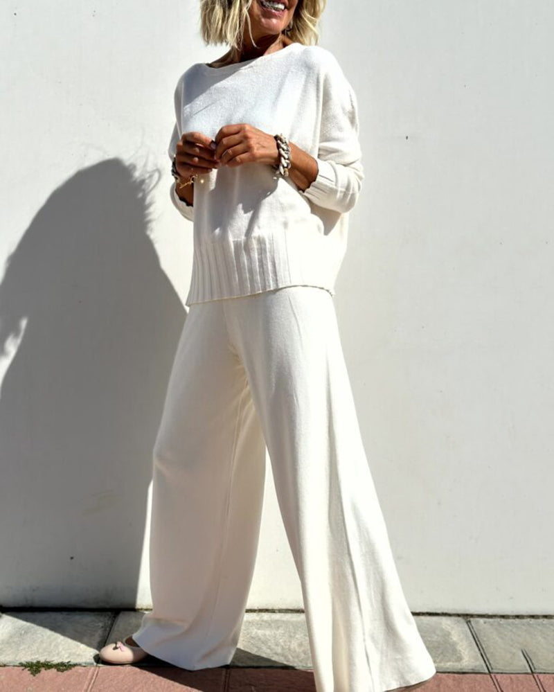 Elegant Two-piece Set Round Neck Sweater and Wide Leg Pant Outfits