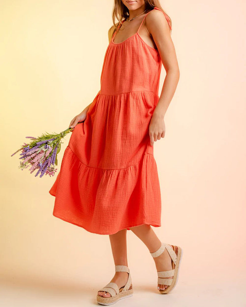 Lace-up Sling Dress Candy Color Stitching Solid Color Midi Dress