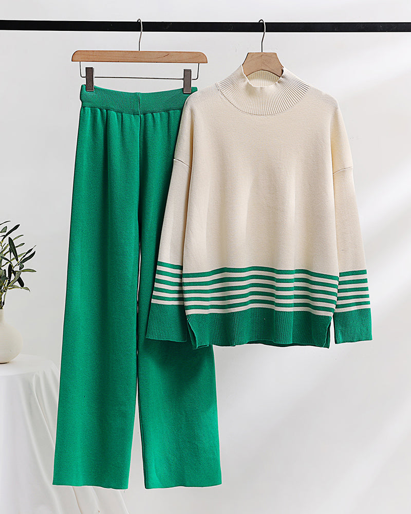 Casual Loose Knitted Two-piece Set Wide-leg Pants Contrast Color Sweater Suit