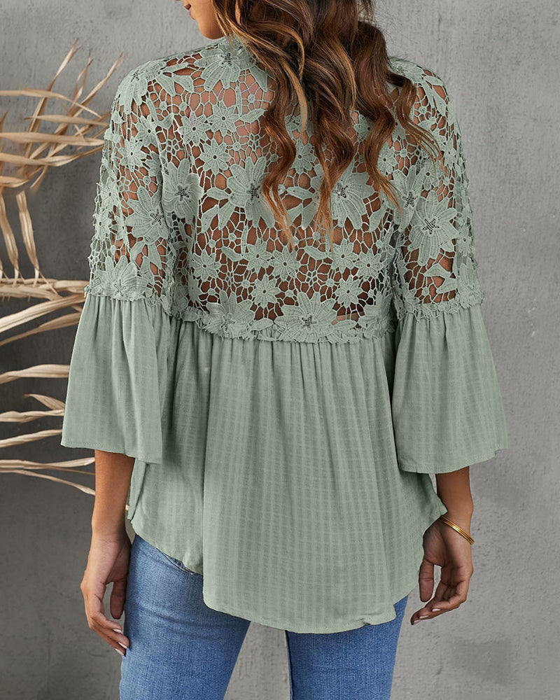 Lace Boho Blouses Crochet Flowy Bell Sleeve Button Down Casual T Shirts