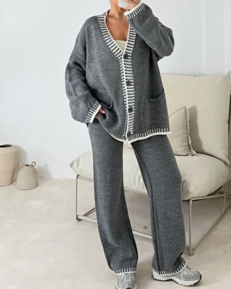 Casual Two-pieces Outfits Contrast Trim Knitted Cardigan and Trousers Pants Sets