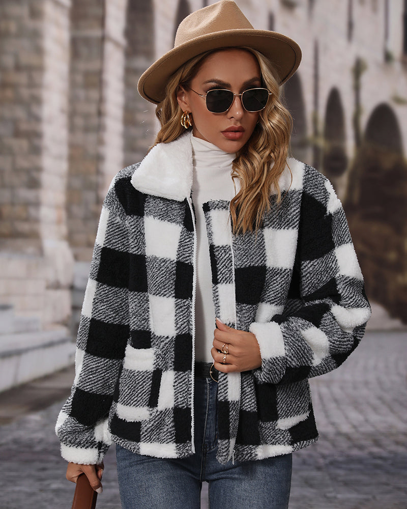 Double Sided Fleece Long Sleeve Plaid Jacket