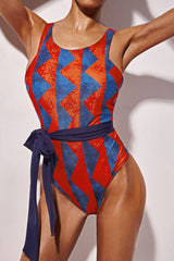 Cross Back Tie Front One Piece Graphic Swimwear