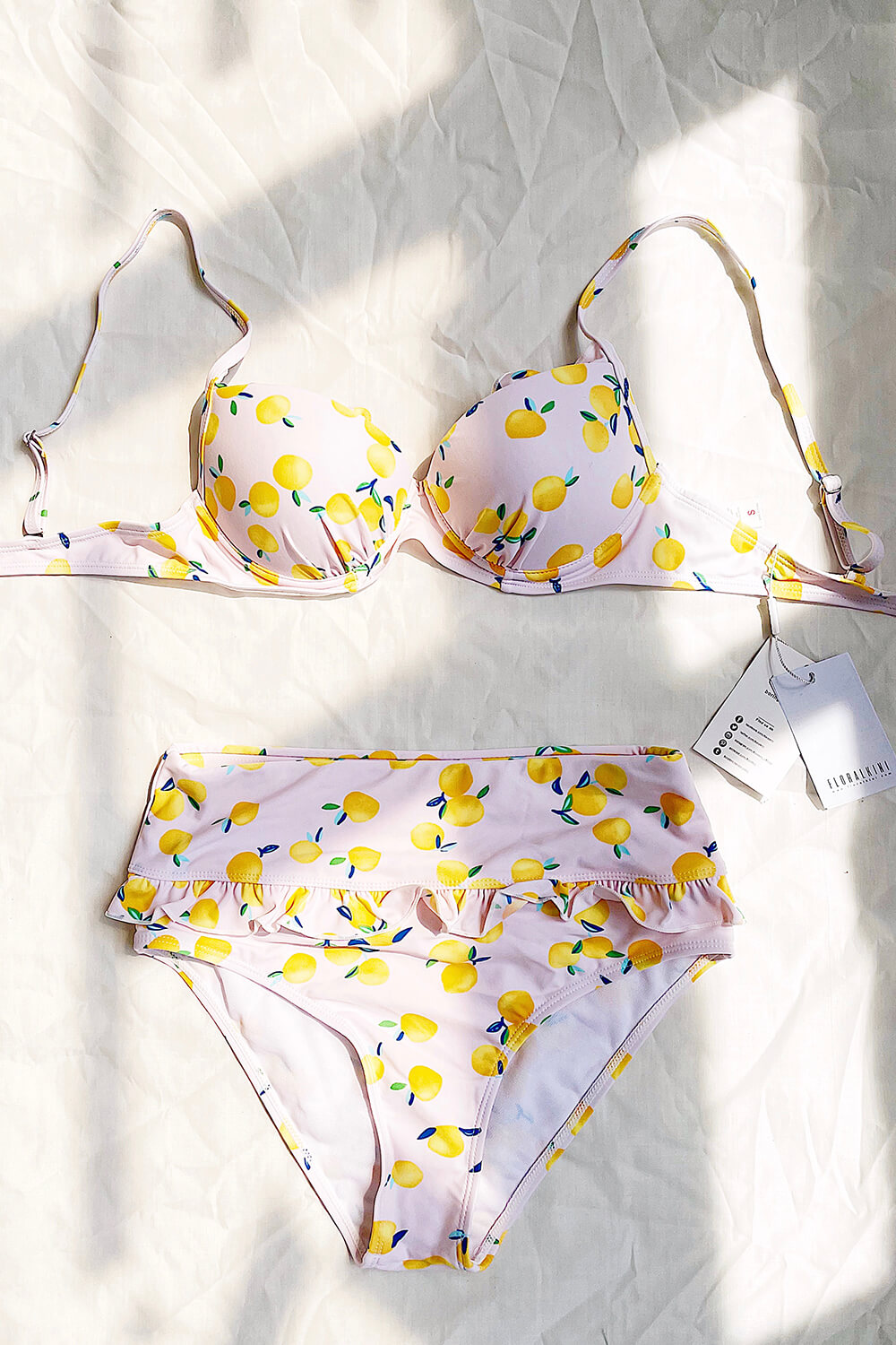 Lemon Print Underwire Ruched Bralette Bikini Top