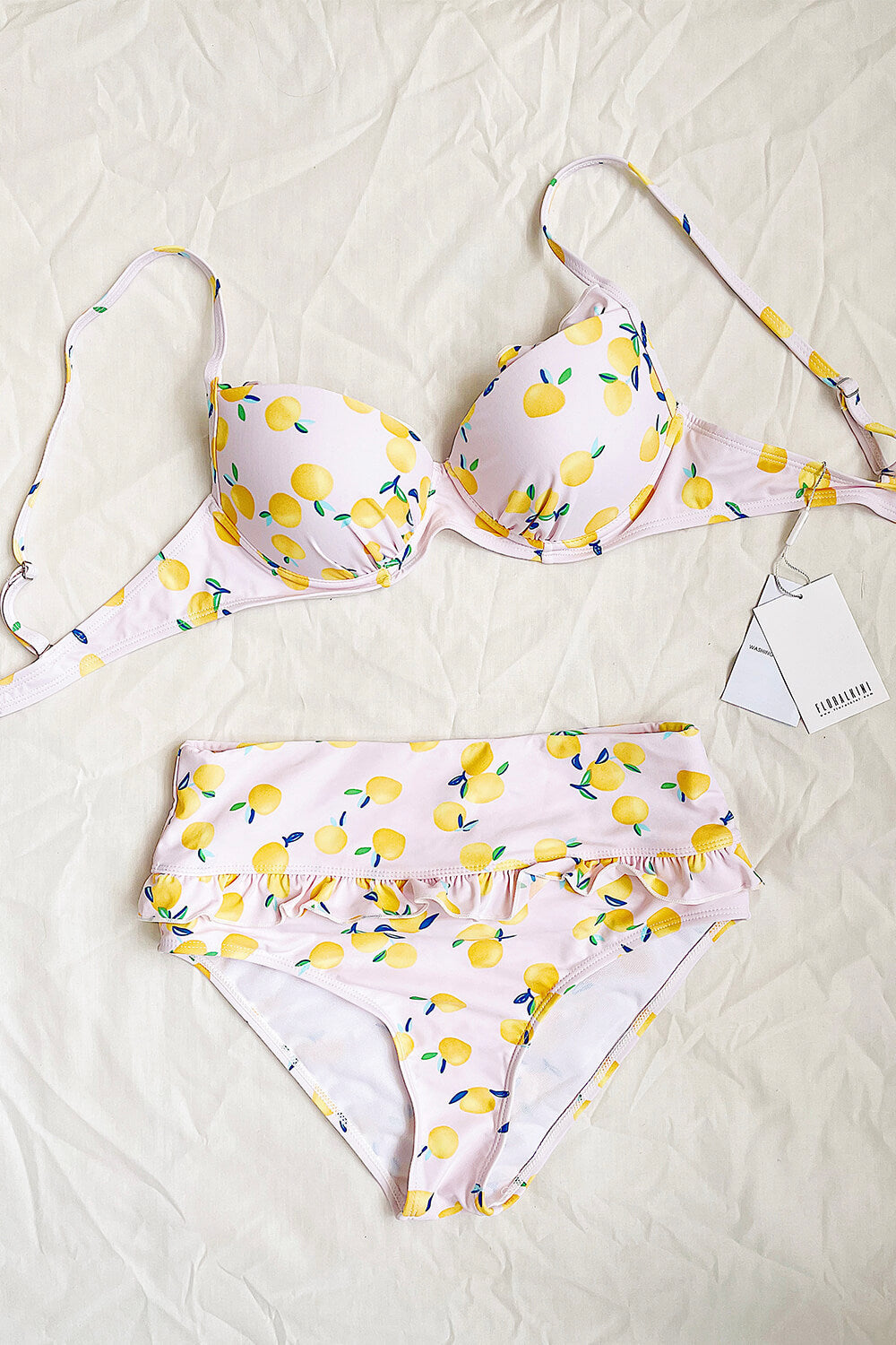 Lemon Print Underwire Ruched Bralette Bikini Top