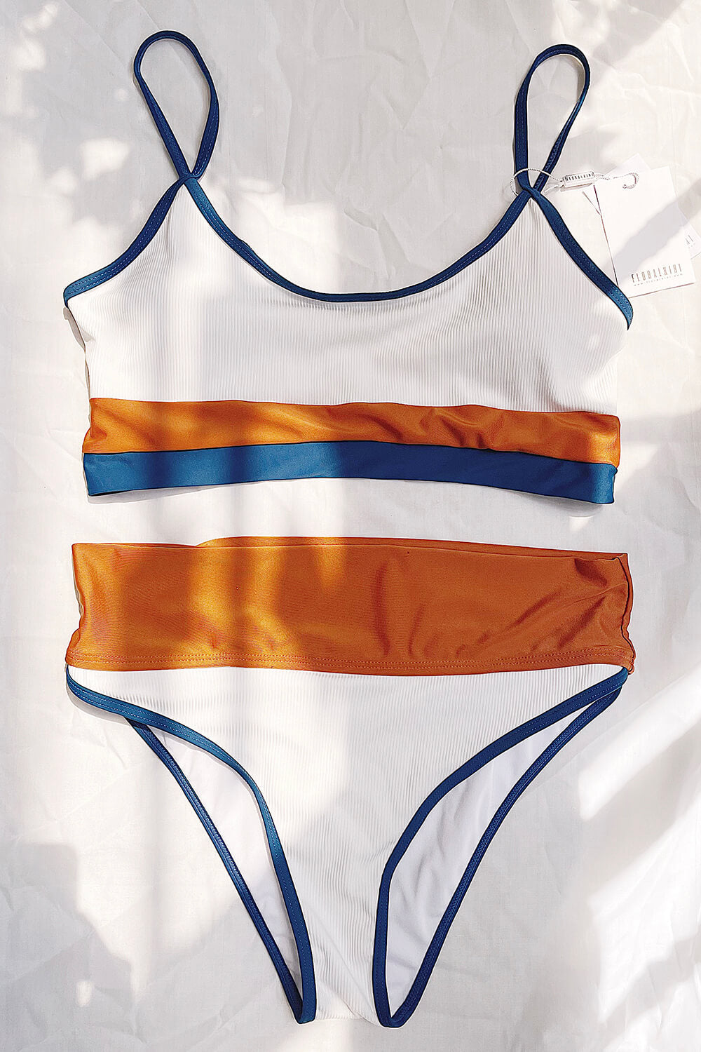 White Chocolate Blue Blocked Rib Sporty Bikini Top