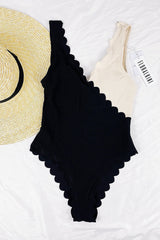 Blocked Rib V Neck Scalloped One Piece Swimsuit