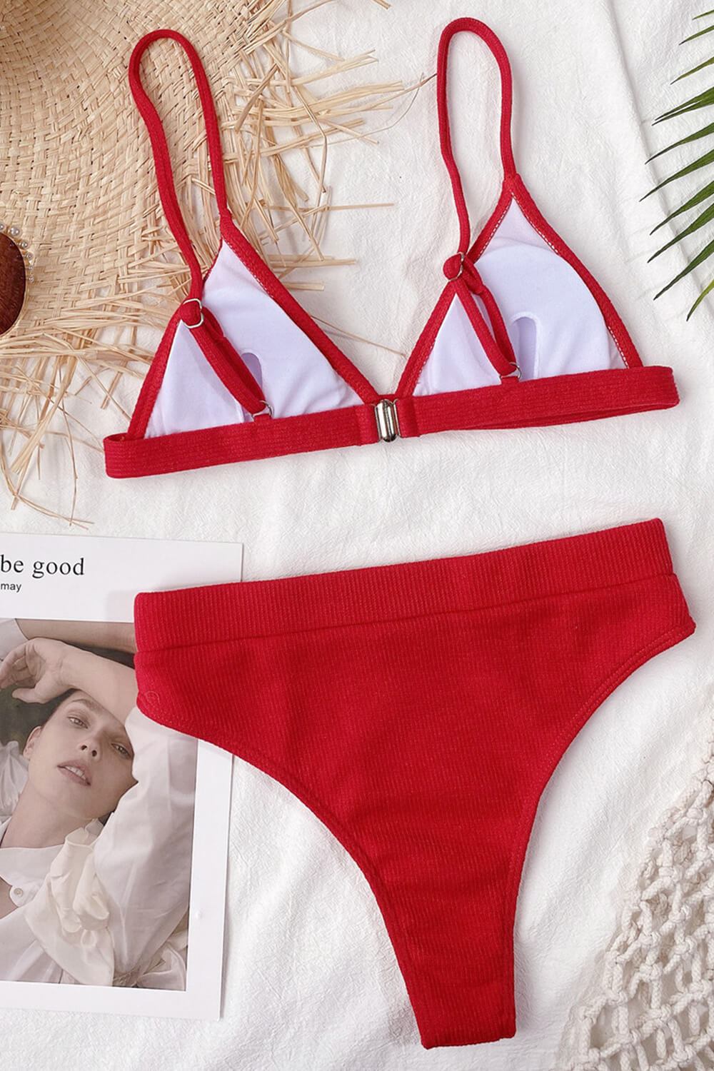 Red Rib Triangle Bikini Top