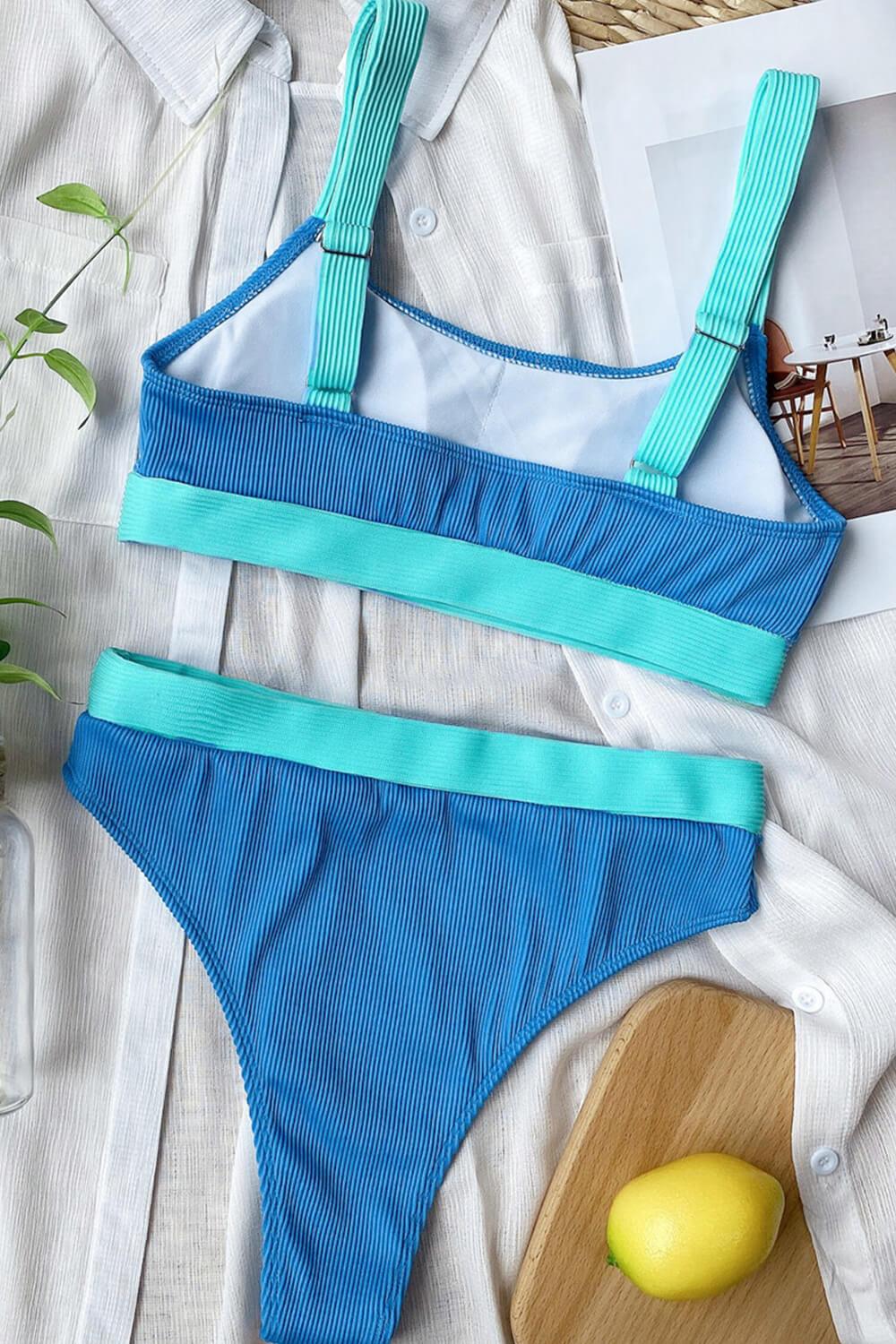 Blue Blocked Rib Sporty Bikini Top