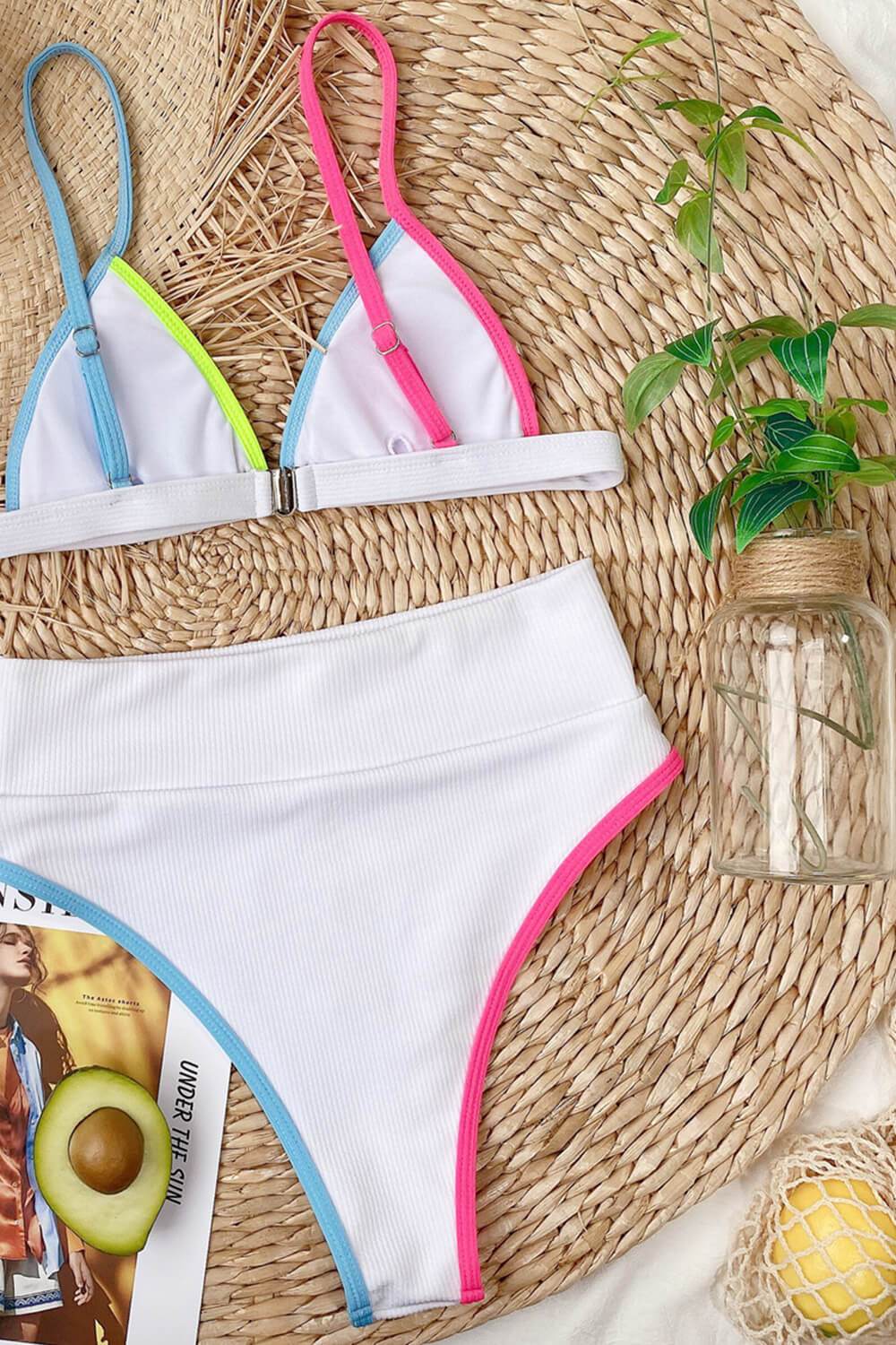 Pink Blue Colorblock Rib High Waisted Bikini Bottom