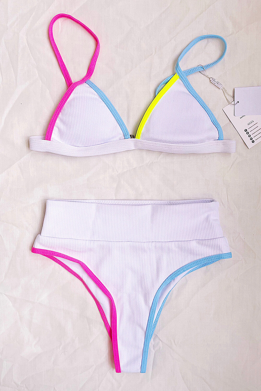 Pink Blue Colorblock Rib High Waisted Bikini Bottom