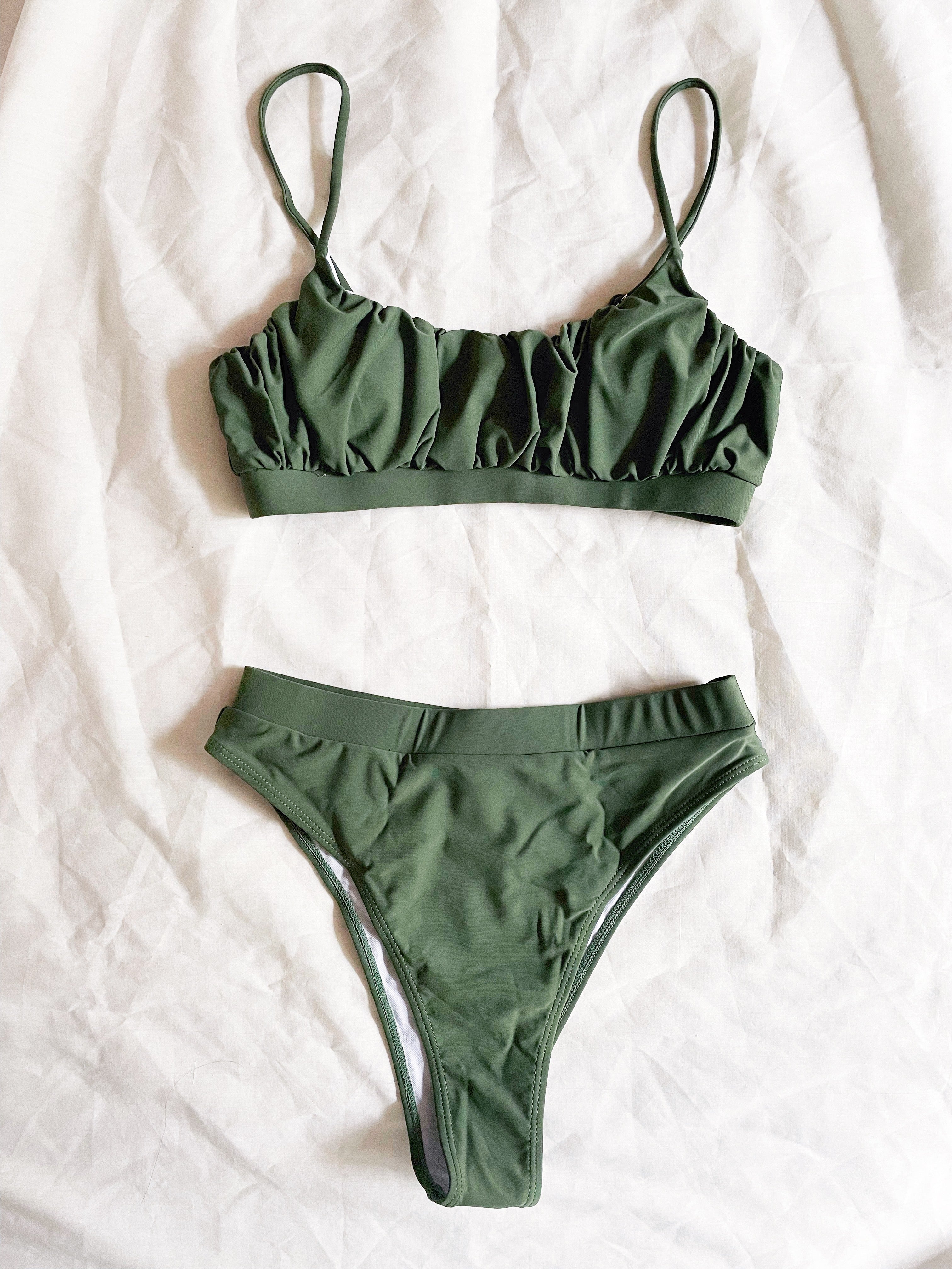 Green Ruched Scoop-Neck Crop Bikini Top