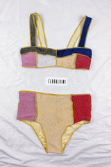 Multicoloured Shimmer Color-Block Velvet Bustier Bikini Top