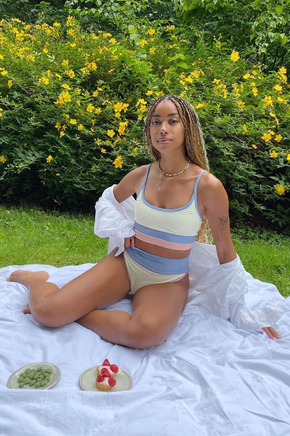 White With Light Blue And Rosey Pink High Waisted Bikini Bottom