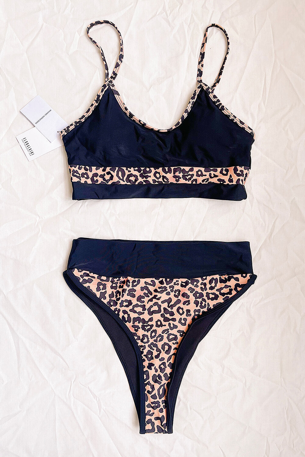 Black And Leopard Print Blocked Sporty Bikini Top