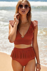 Red Ribbed Deep V Frill Trim Bikini Top