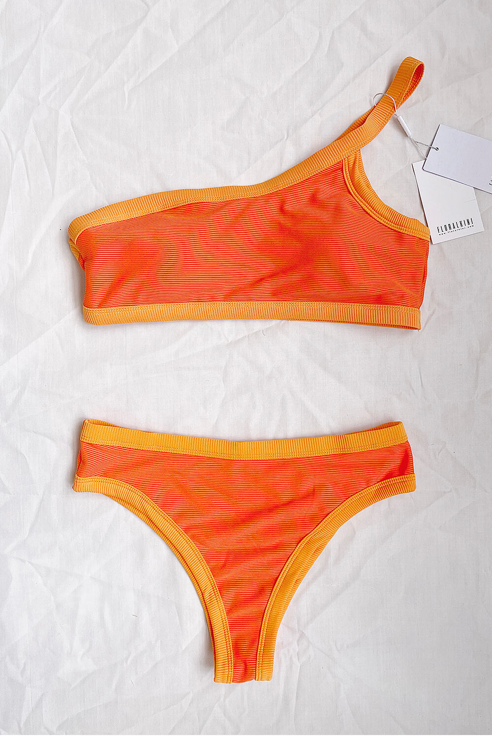 Orange Blocked Ribbed One Shoulder Bikini Top