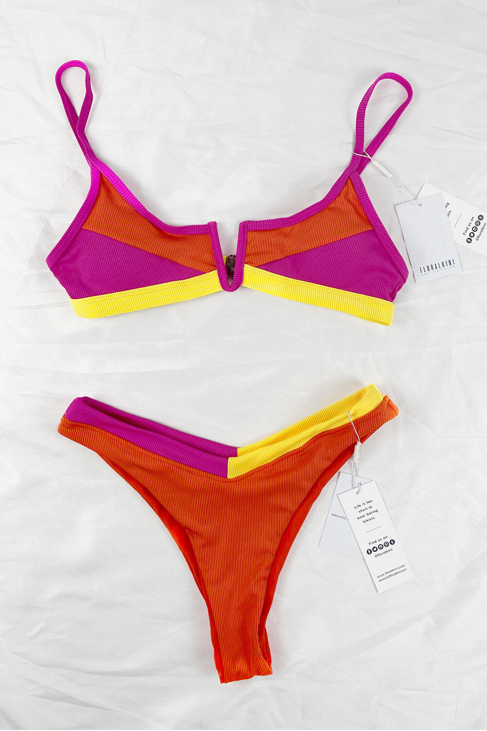 Hot Pink Orange Yellow Blocked Rib V Cut Bikini Bottom