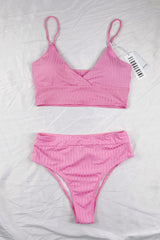 Pink Textured Long Line Plunge Bikini Top