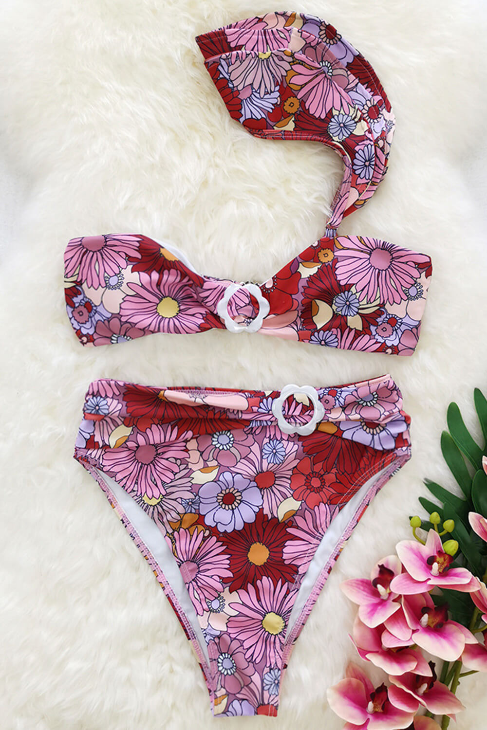 Marsala Floral Ruched High Waisted Bikini Bottoms With Flower Buckle Detail