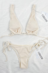 Beige Crinkle Plunge Bikini Top