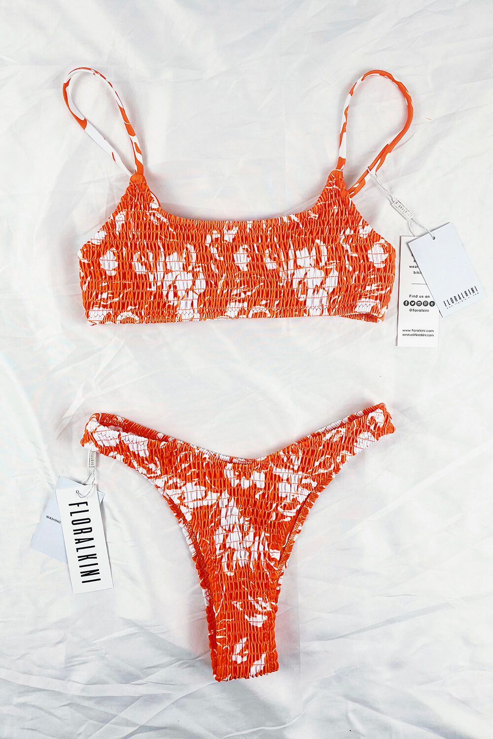 Salmon Floral Ruched Scoop Crop Bikini Top