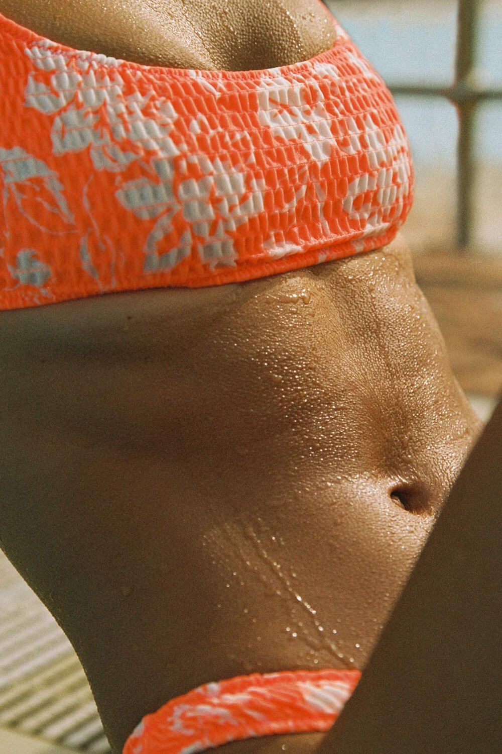 Salmon Floral Ruched Scoop Crop Bikini Top