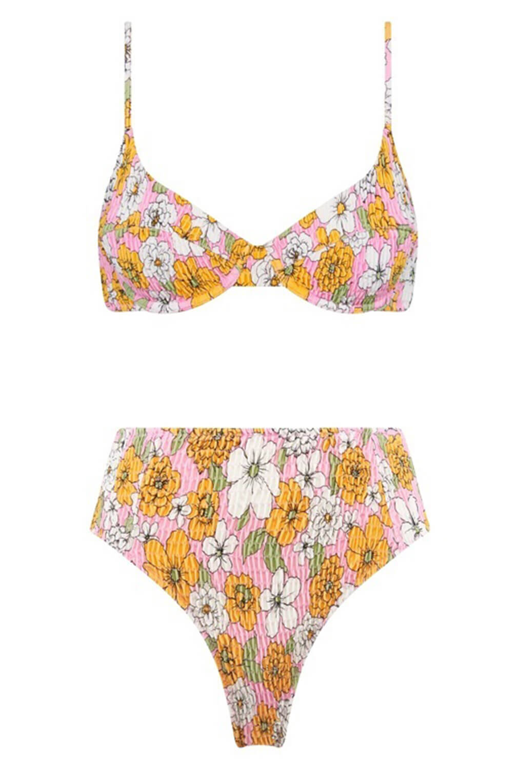 Hot Pink Floral Ruched High Waisted Bikini Bottom