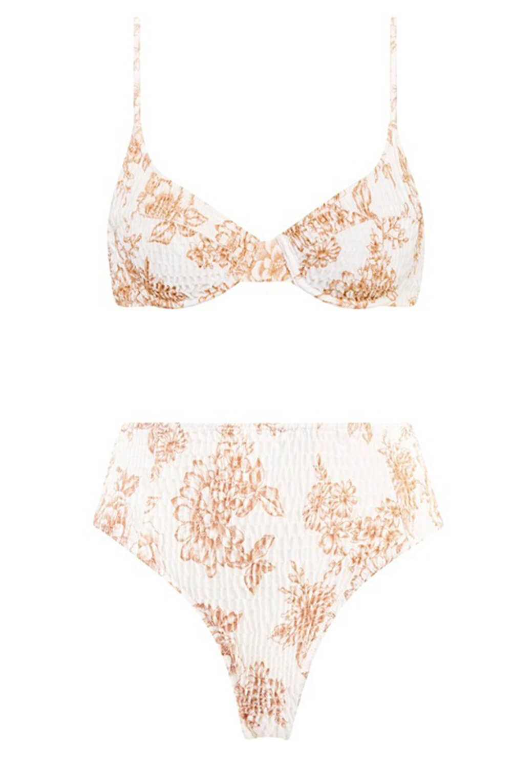 Tan Floral Balconette Ruched Underwire Bikini Top