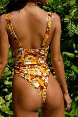 Brown And Gold Floral Print Underwire Balconette One Piece Swimsuit