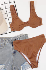 Brown Ribbed High-Waist Bikini Bottoms