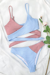 Skyblue Rib Criss-Cross Colorblock Spliced Bikini Top