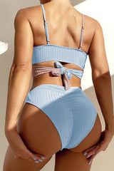 Skyblue Rib Criss-Cross Colorblock Spliced Bikini Top