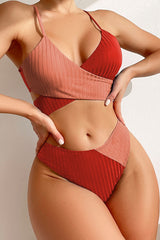 Red  Rib Colorblock High-Waist Bikini Bottoms