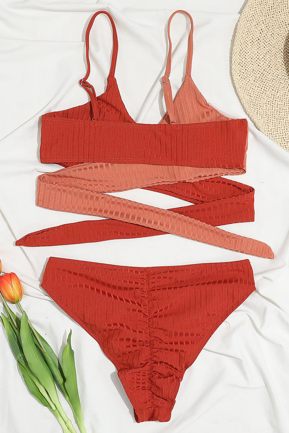 Red  Rib Colorblock High-Waist Bikini Bottoms
