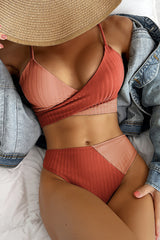 Red  Rib Colorblock High-Waist Bikini Bottoms