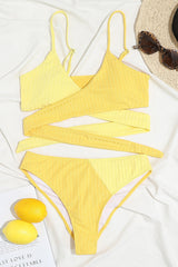 Yellow Rib Criss-Cross Colorblock Spliced Bikini Top