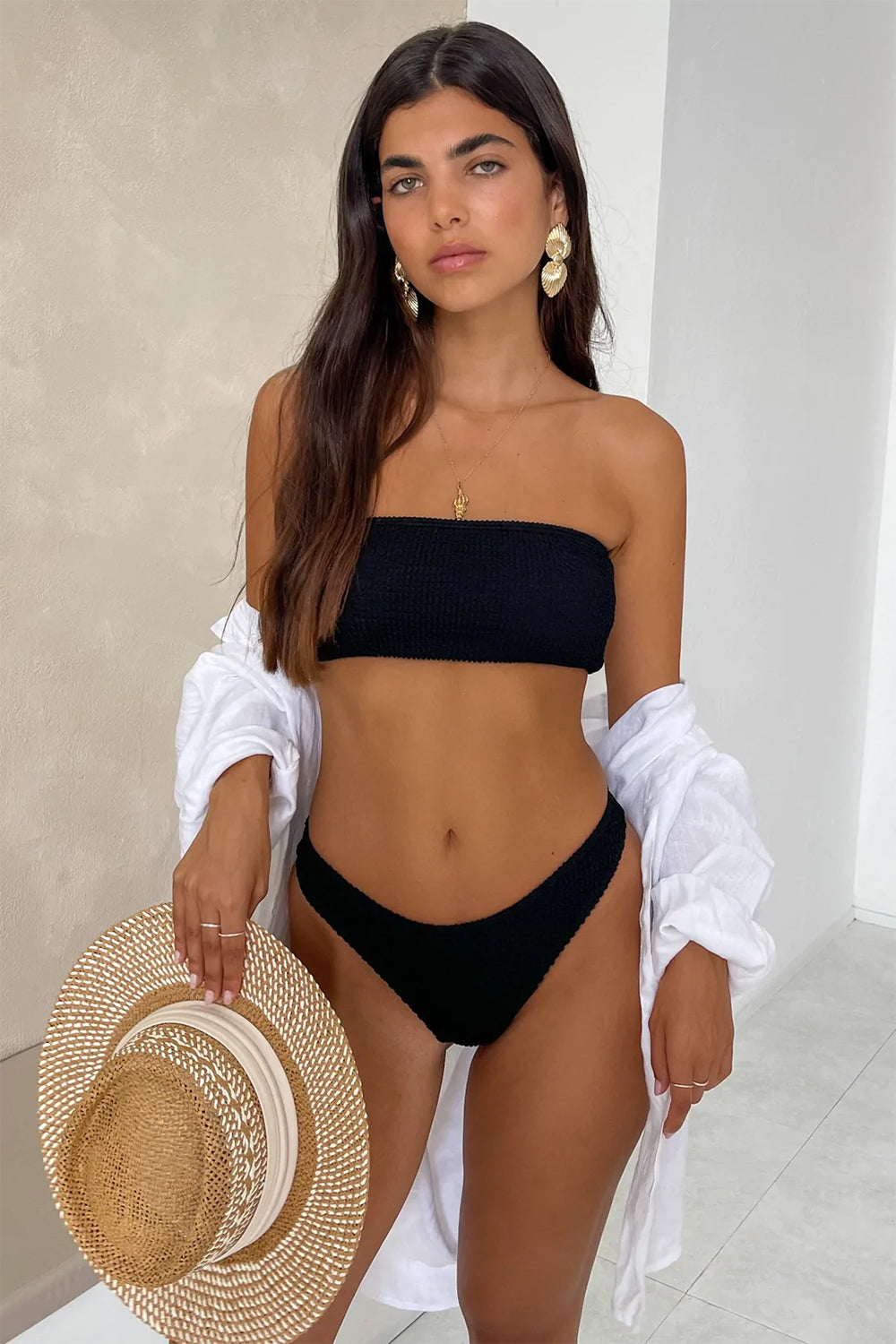 Black Crinkle High-Waist Bikini Bottoms