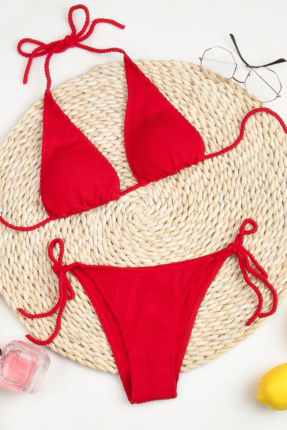 Red Crinkle Tie Side Bikini Bottoms