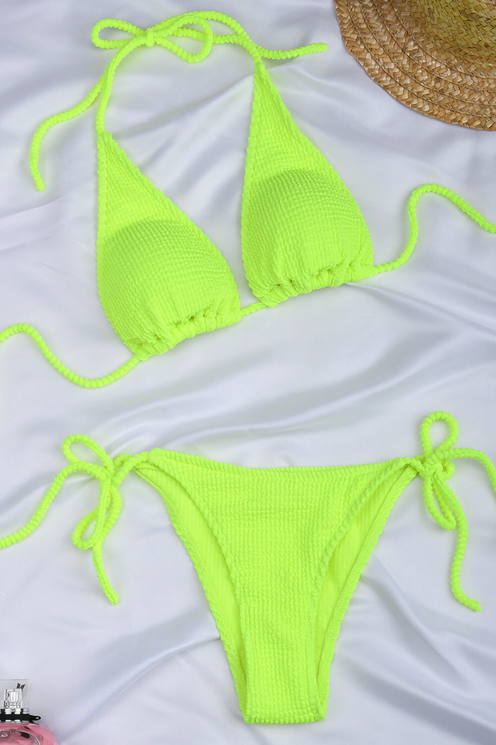 Neon Yellow Crinkle Tie Side Bikini Bottoms