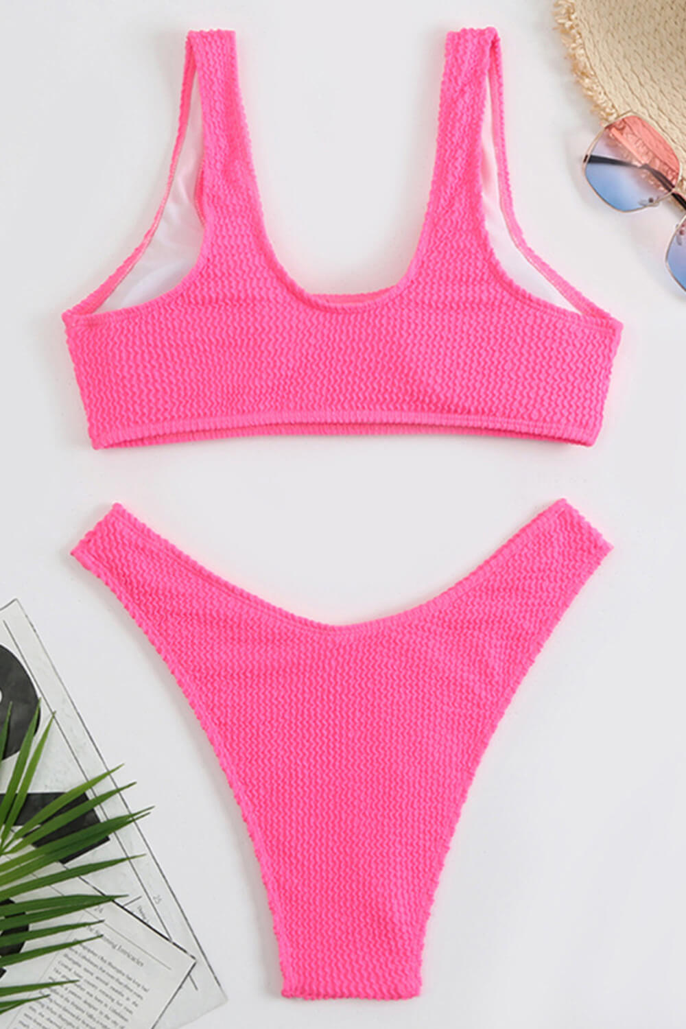 Hot Pink Crinkle Scoop Bikini Top