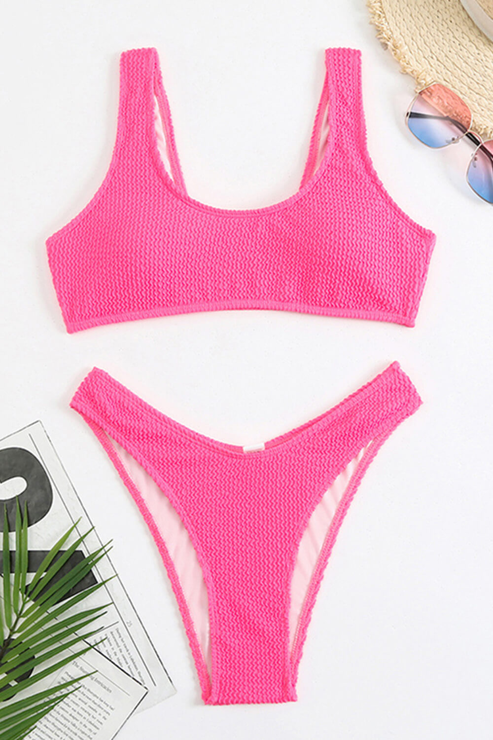 Hot Pink Crinkle Scoop Bikini Top