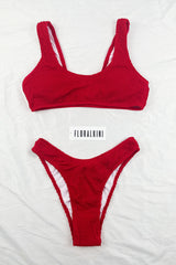 Red Crinkle Scoop Bikini Top