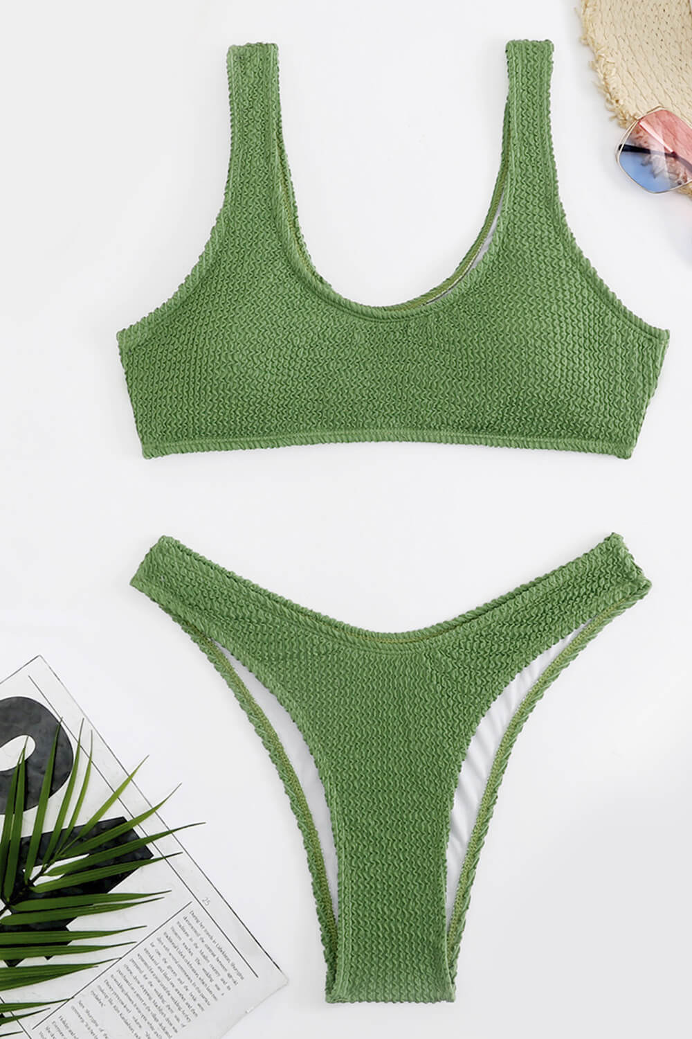 Green Crinkle Scoop Bikini Top