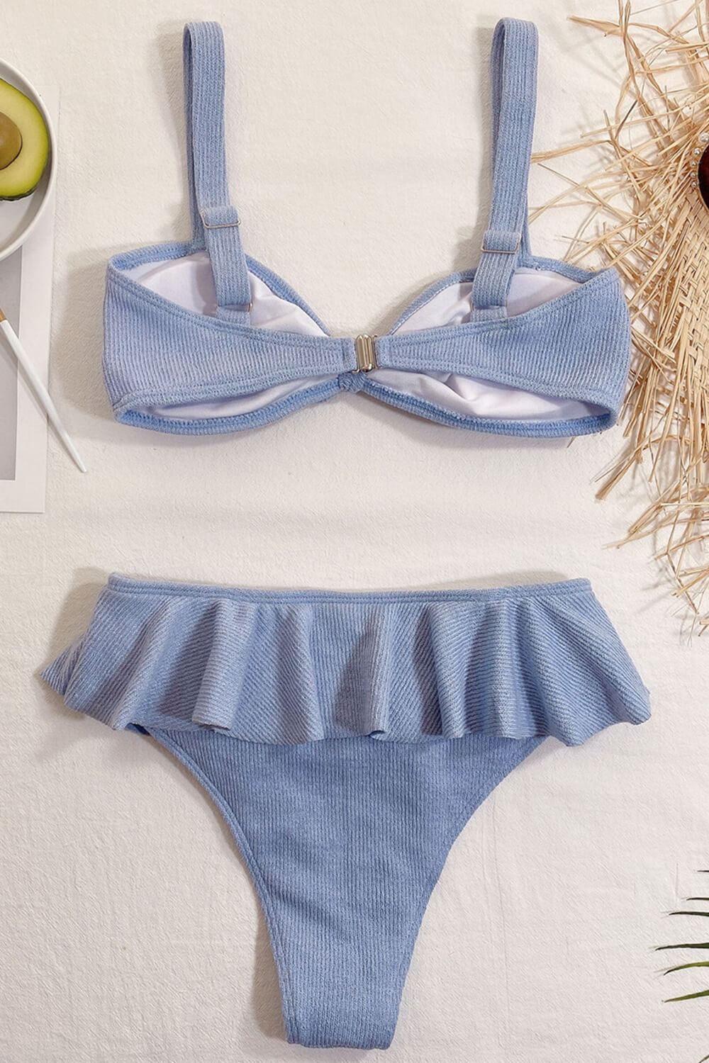 Light Blue Ribbed Ruffle High Waist Bikini Bottom